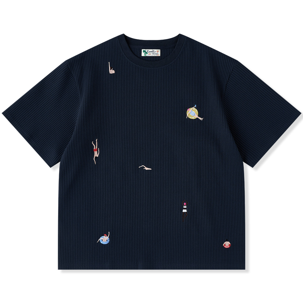 ネイビー海で泳ぐ人々」刺繡入りワッフルニットTシャツ – Karakubuy