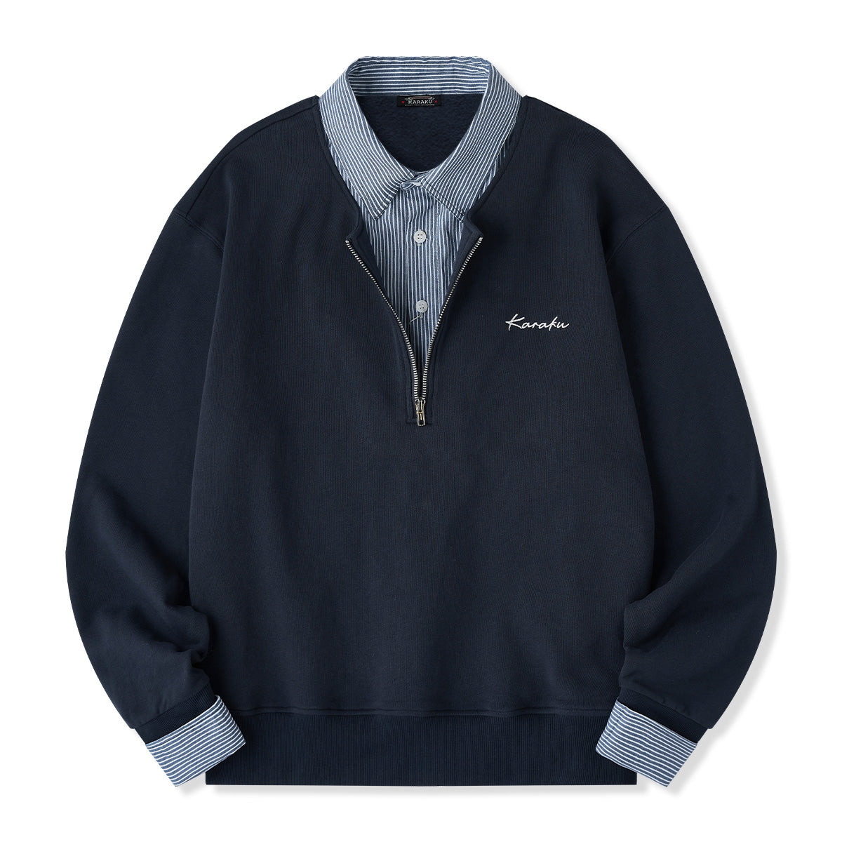 フェイクレイヤード仕様 ストライプシャツ&ハーフジッププルオーバー フェイクレイヤード仕様 ストライプシャツ&ハーフジッププルオーバー