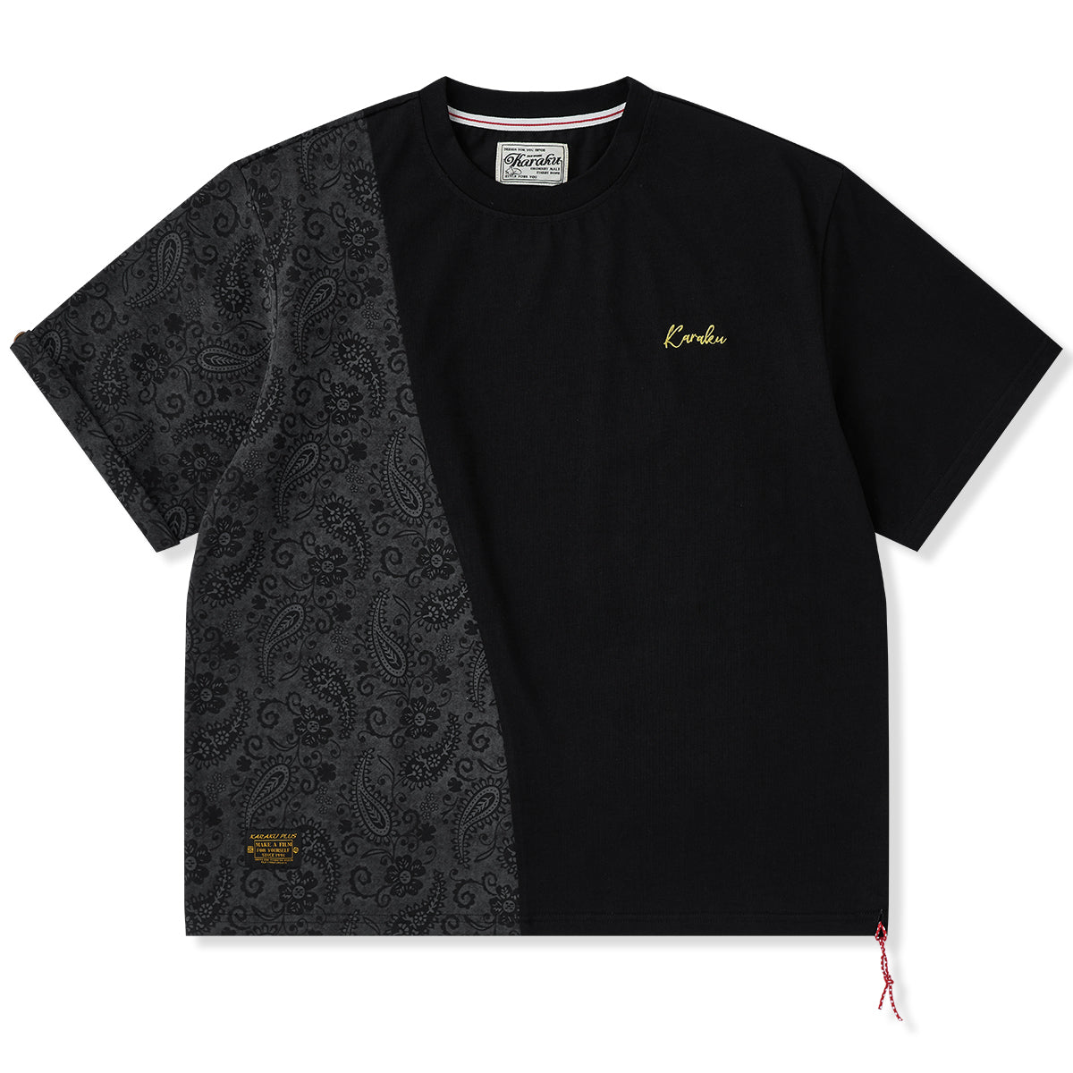 予約】異素材パッチワーク 無地×ペイズリー柄切り替えコットンTee 