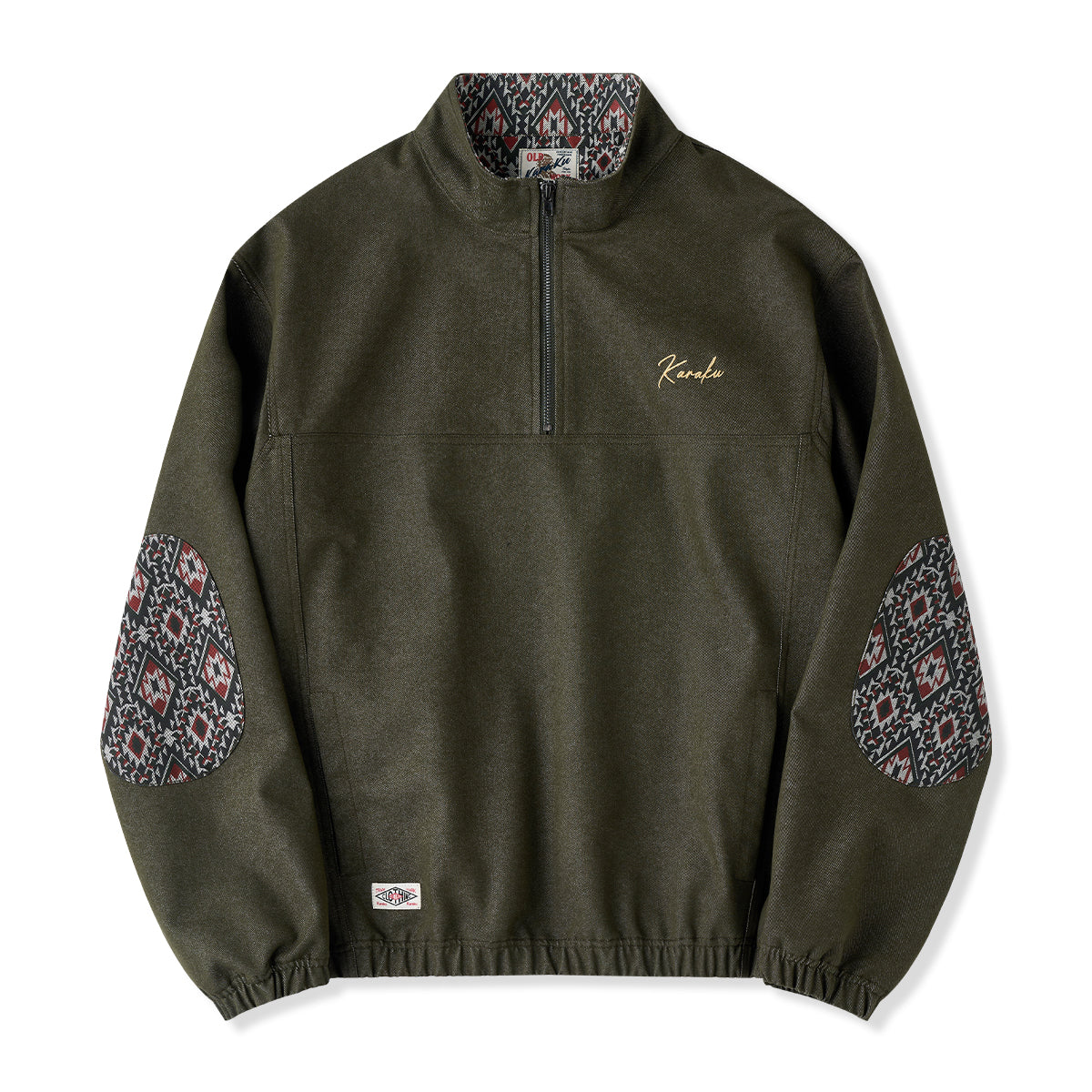 KARAKU フリース ハーフジップ　トレーナー KaraKu」ロゴ刺繡 裏ナバホ調柄・肘パッチハーフジップデニム
