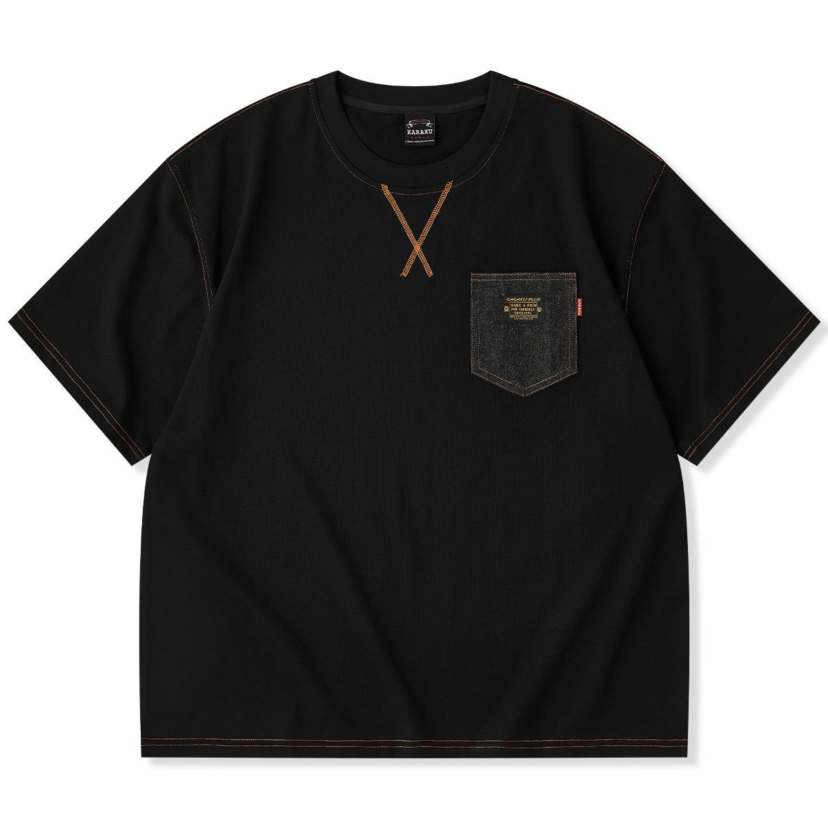 レトロオレンジステッチ入り 異素材デニムポケット付き半袖コットンTee