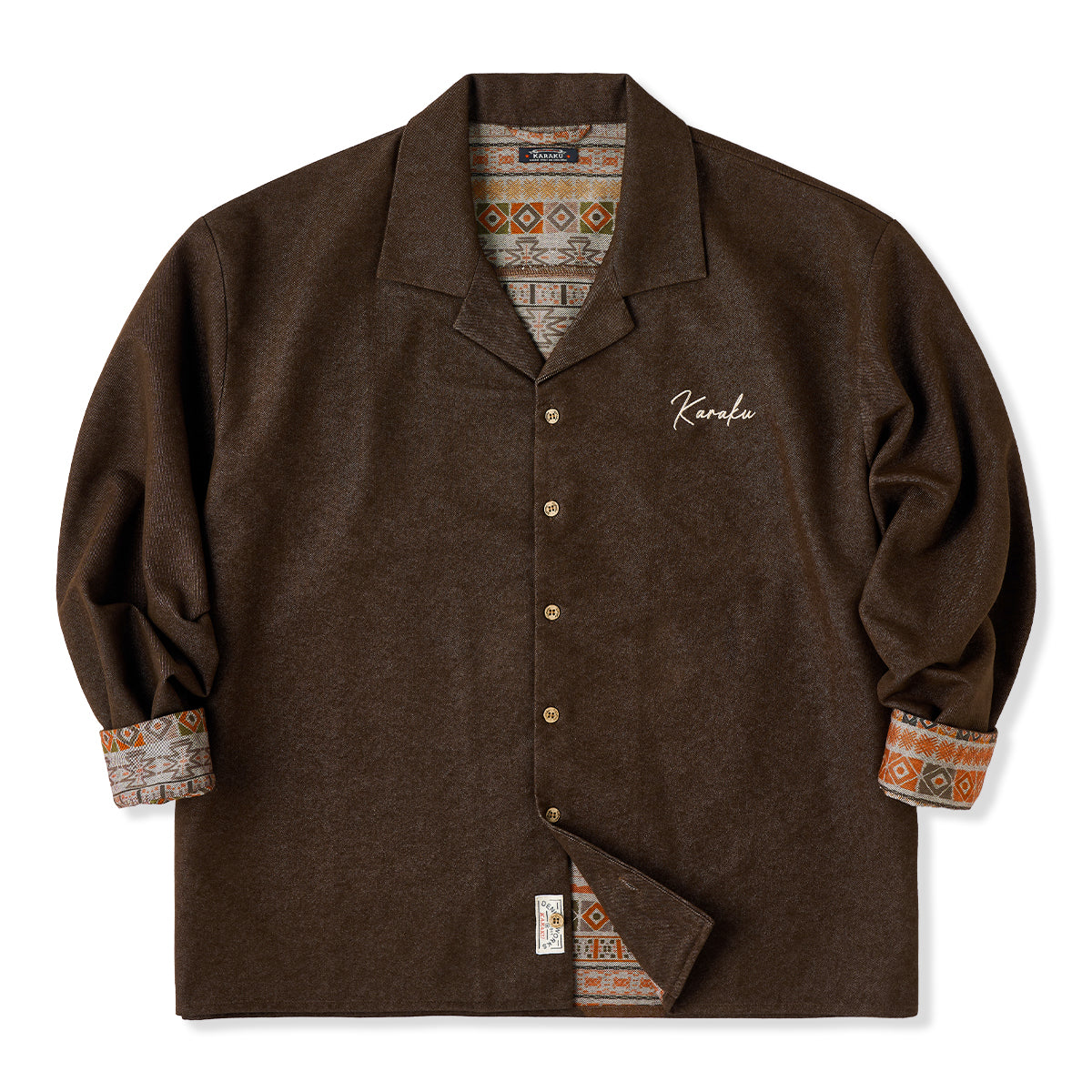 予約】「Karaku」刺繡ロゴ 裏エスニック調柄デニムオープンカラー