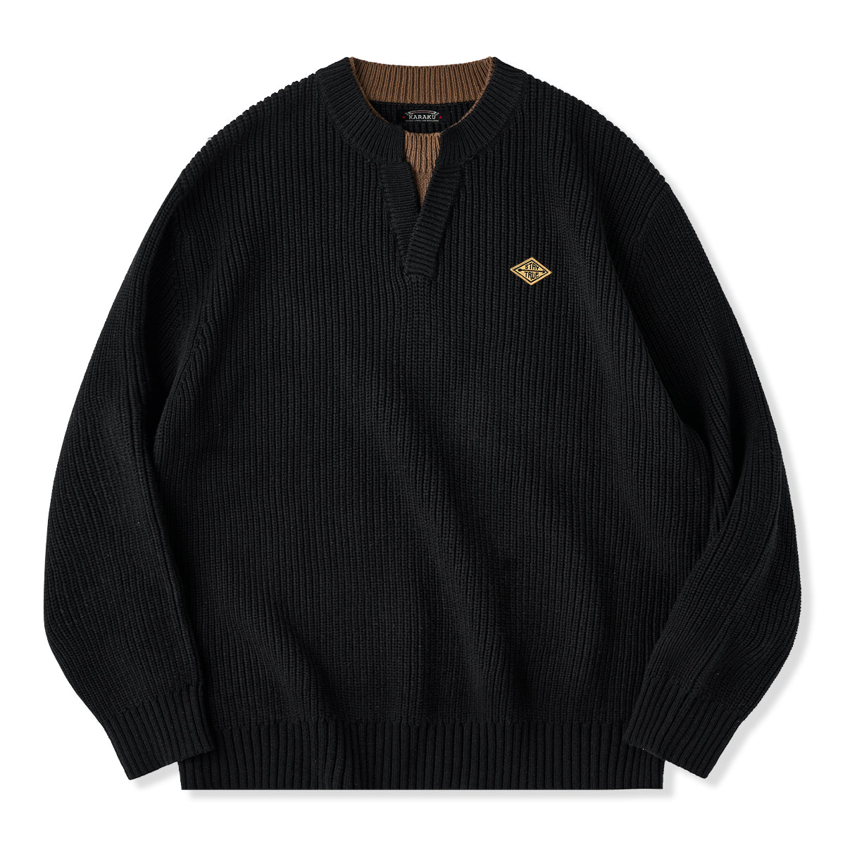 予約】「STAY TRUE」刺繍ワッペン 配色切替フェイクレイヤードニット