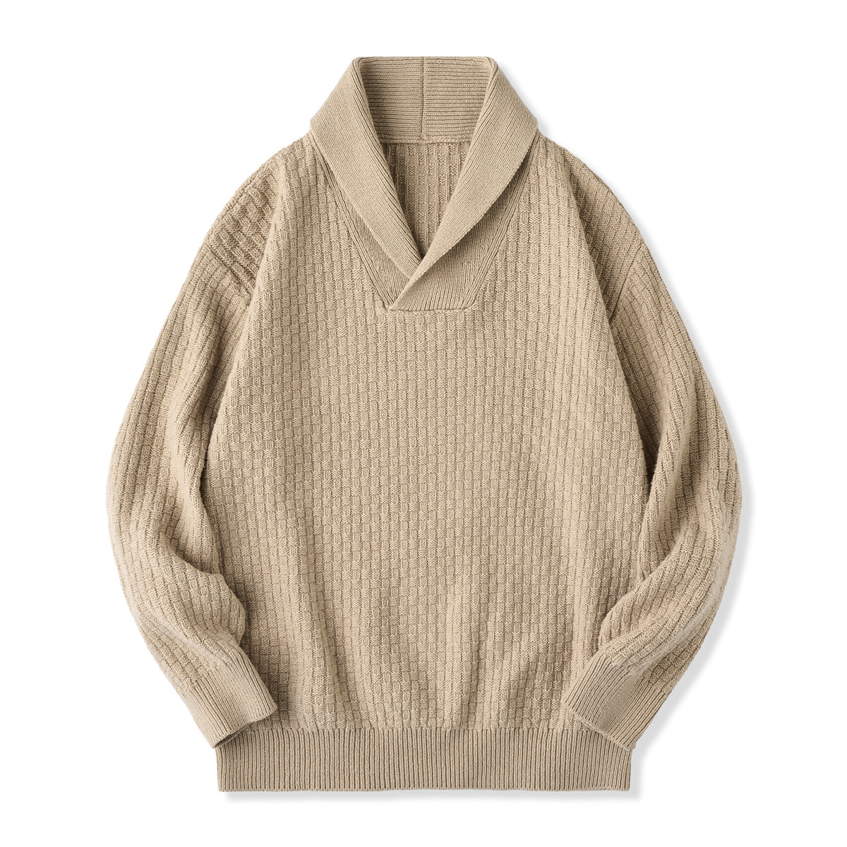 ウール混紡 チェックジャガード織りショールカラーニットセーター