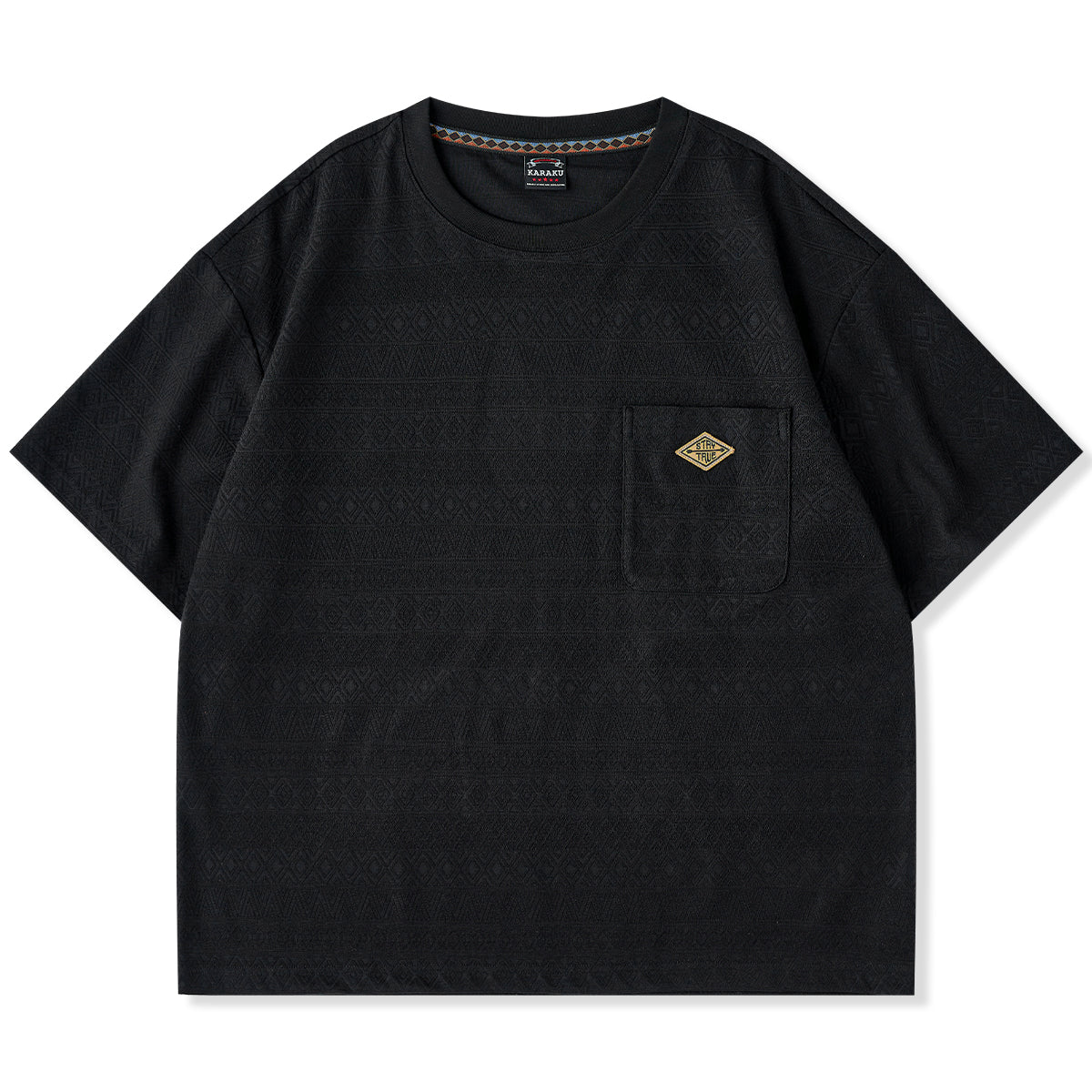 STAY TRUE」刺繍ワッペン エスニック調幾何学柄ジャカード織りポケット