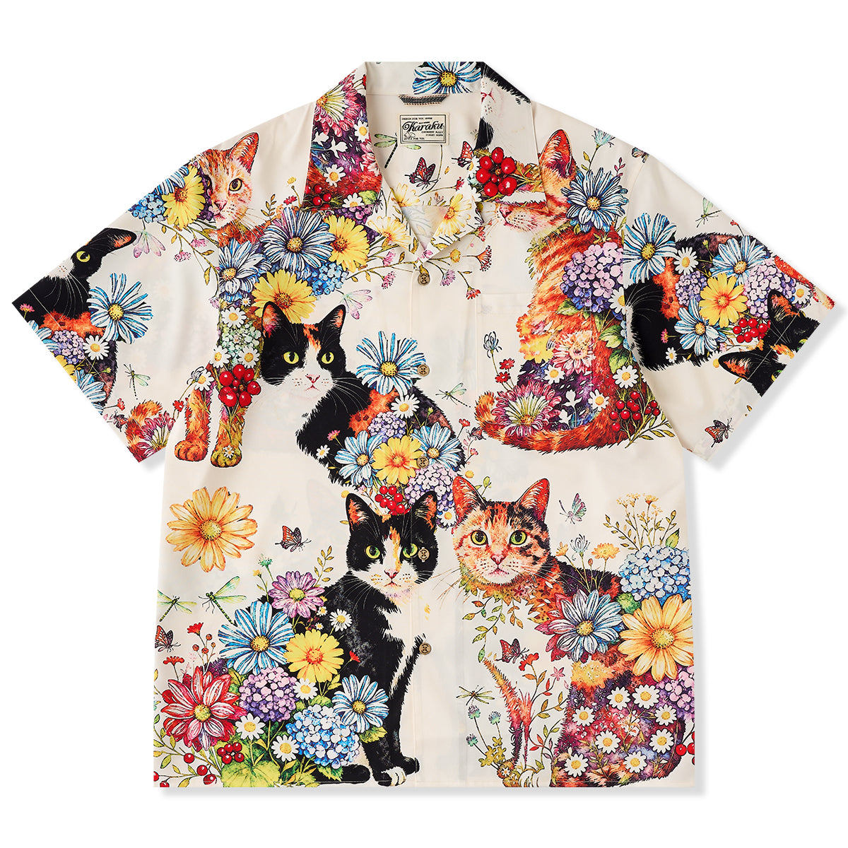猫たちと秘密の庭」水彩画風プリントアロハシャツ – Karakubuy 猫たちと秘密の庭」水彩画風プリントアロハシャツ – Karakubuy