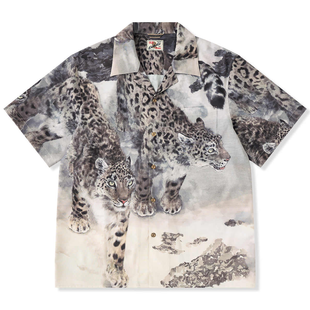 KARAKU ヒョウ柄 半袖シャツ　レオパード　夢豹 Karaku×川又聡「雪豹・Snow leopard」プリントアロハシャツ – Karakubuy