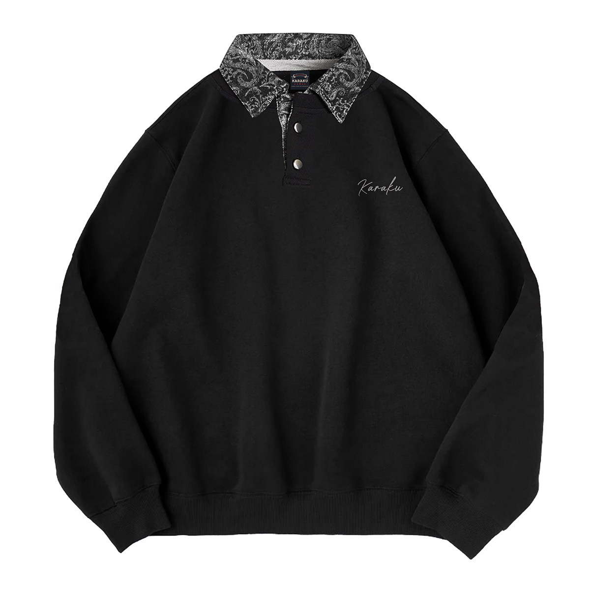 予約】Karaku刺繍入り 襟・前立てジャカードペイズリー柄切替ポロ