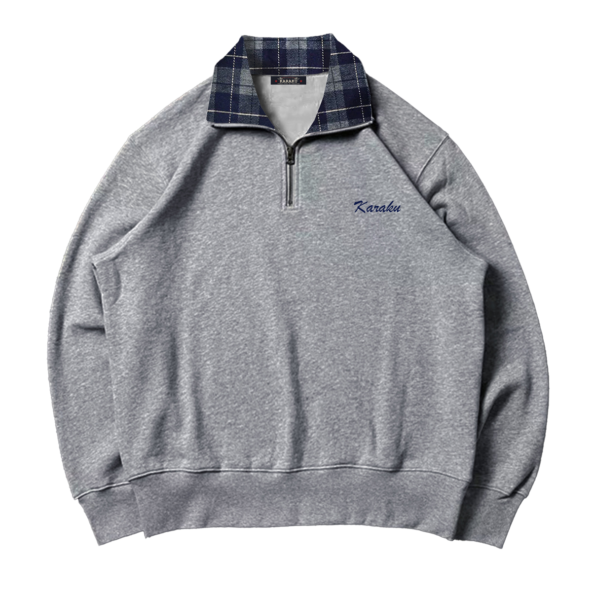 予約】Karaku刺繍入り 襟チェック柄切替ハーフジップニットスウェット