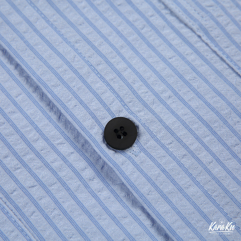 シアサッカー 配色ボタンストライプ半袖シャツ