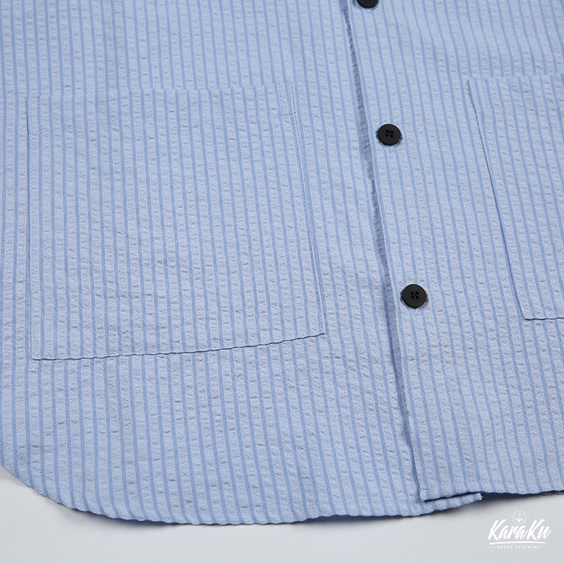 シアサッカー 配色ボタンストライプ半袖シャツ