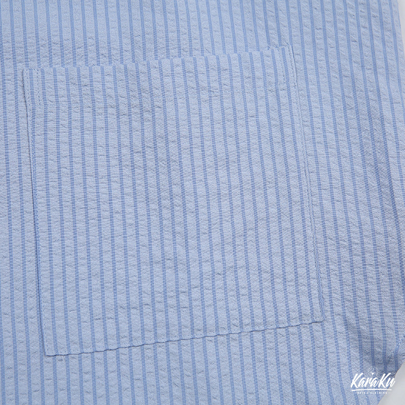 シアサッカー 配色ボタンストライプ半袖シャツ