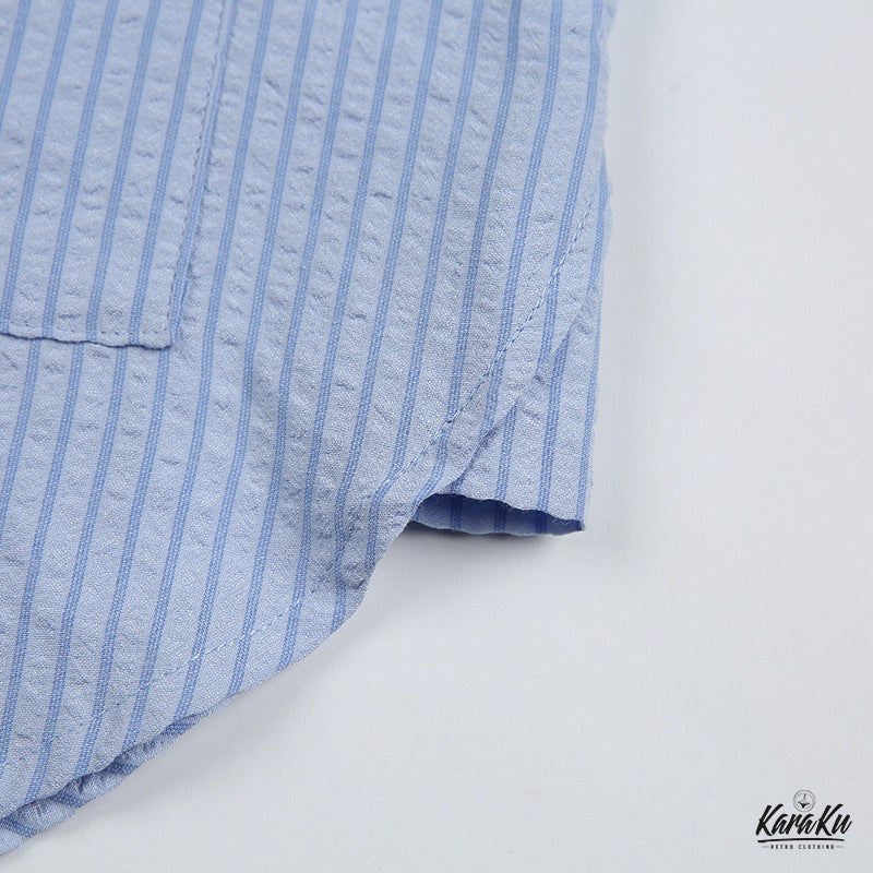 シアサッカー 配色ボタンストライプ半袖シャツ