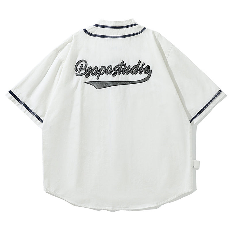 バック刺繍入り コットンベースボールシャツ