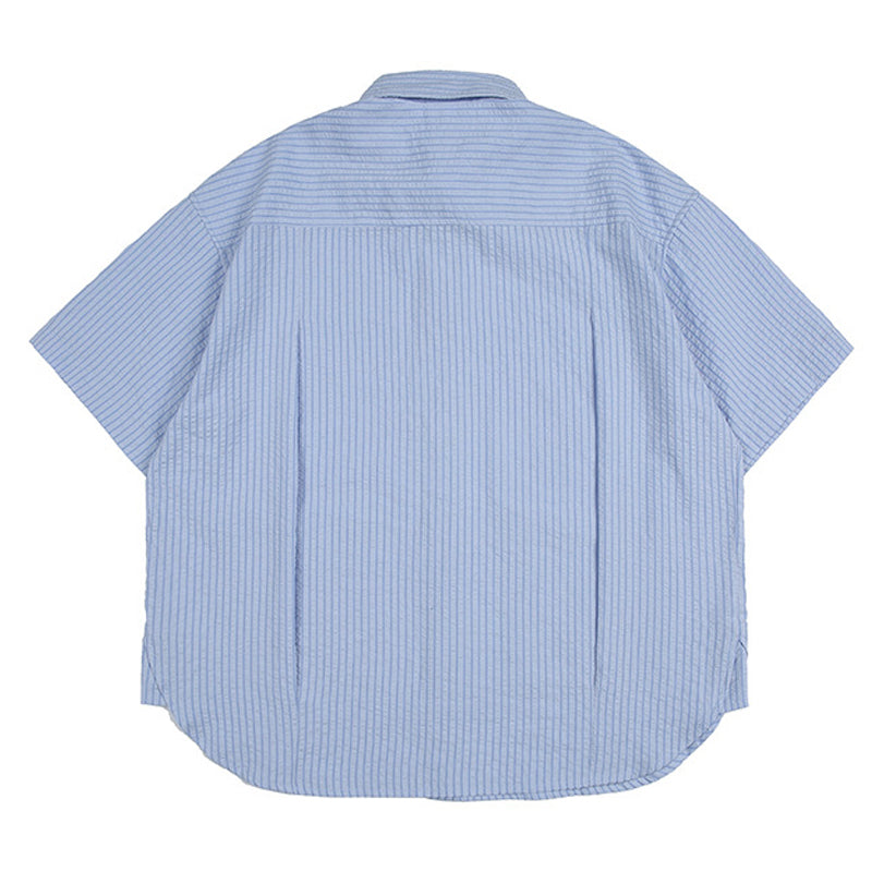 シアサッカー 配色ボタンストライプ半袖シャツ