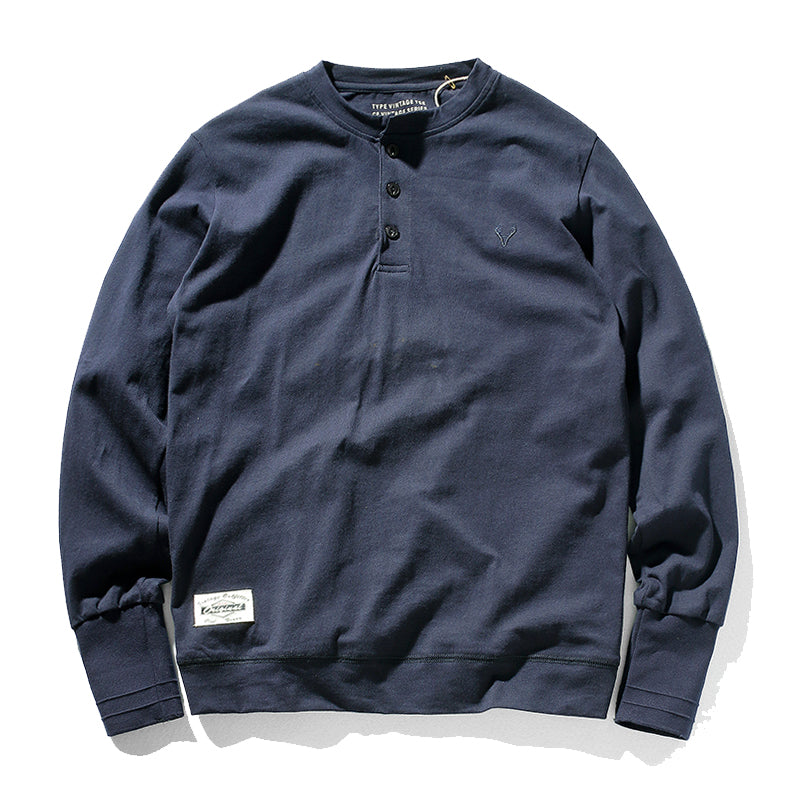 胸ミニ刺繡 コットンヘンリーネックロンT