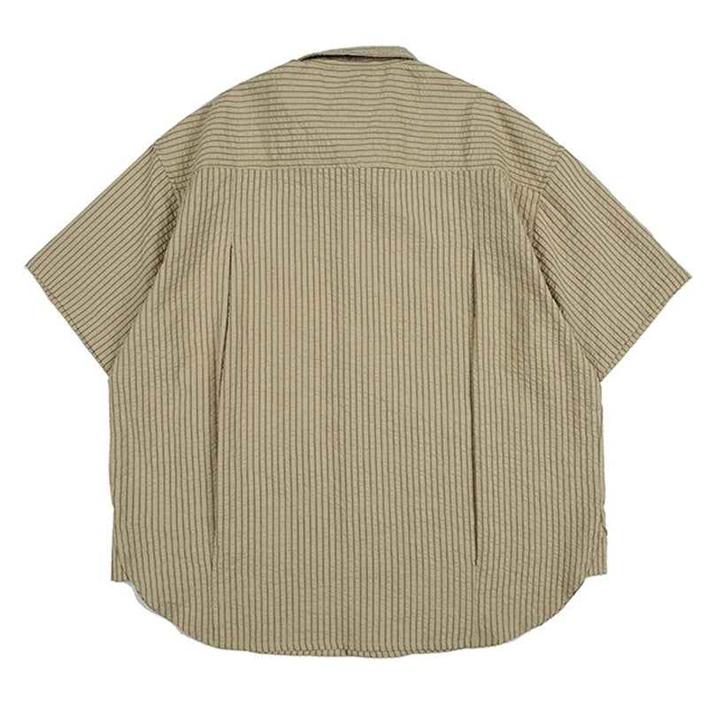 シアサッカー 配色ボタンストライプ半袖シャツ