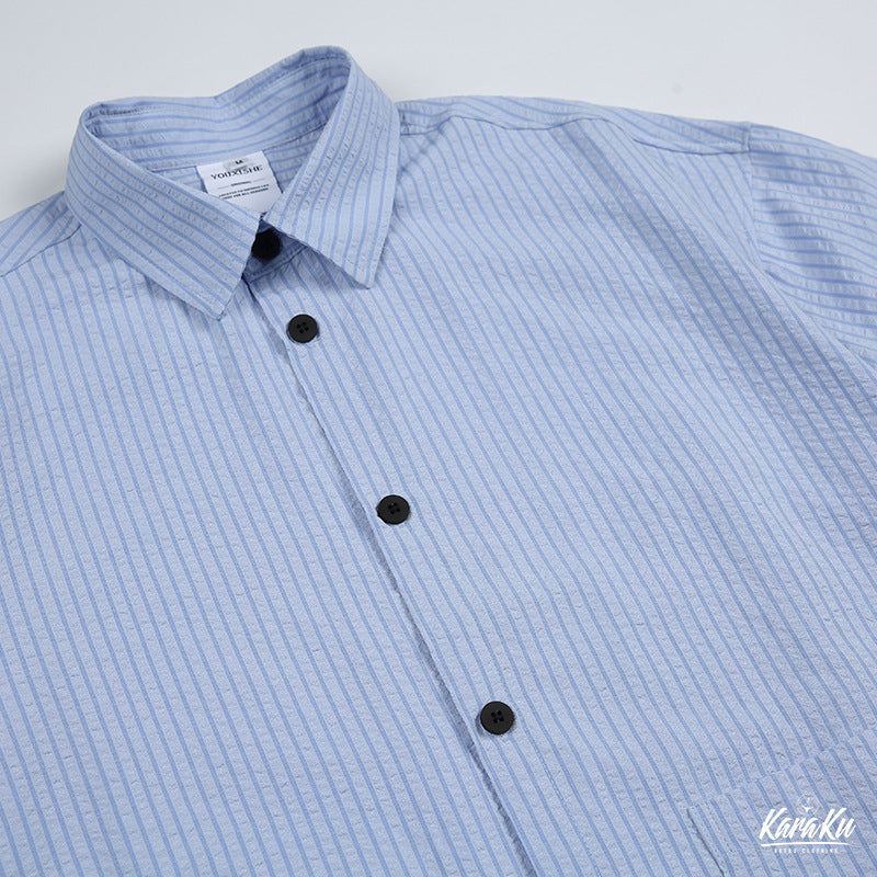 シアサッカー 配色ボタンストライプ半袖シャツ