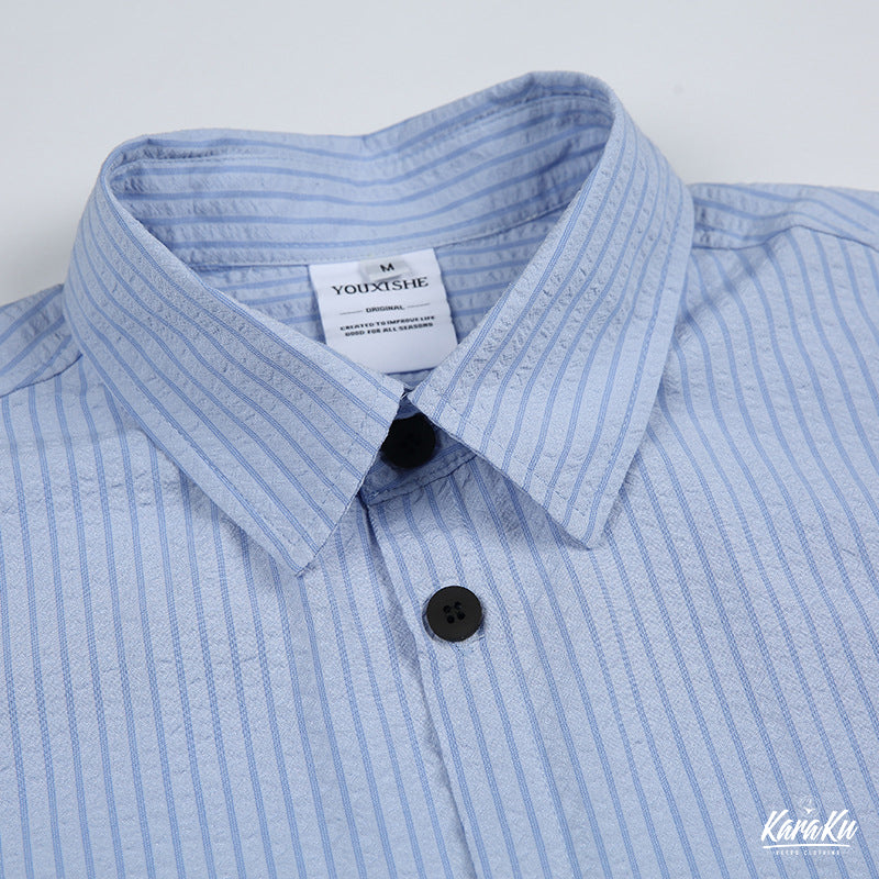 シアサッカー 配色ボタンストライプ半袖シャツ