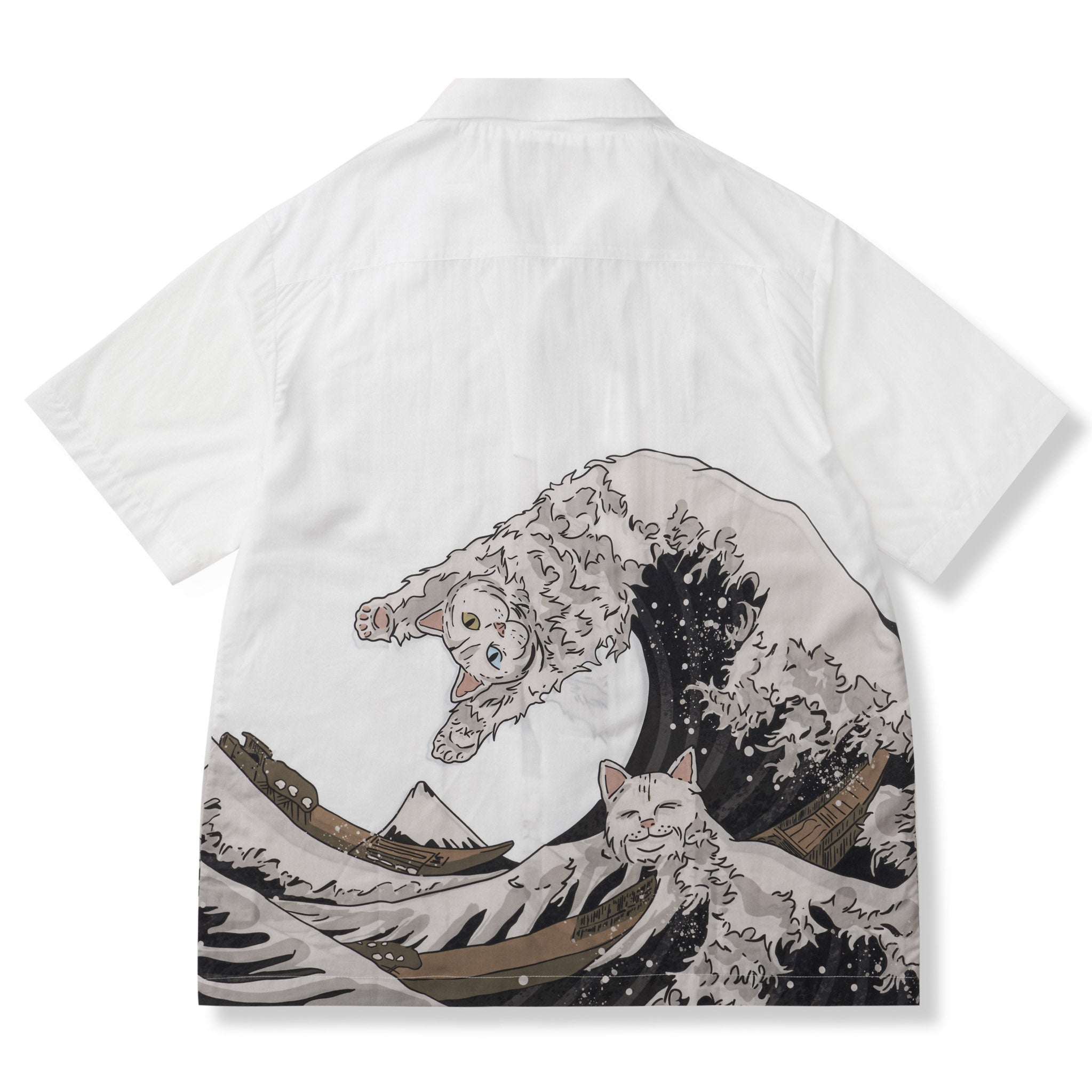 和柄『神奈川沖浪裏と波乗り猫』浮世絵風アロハシャツ