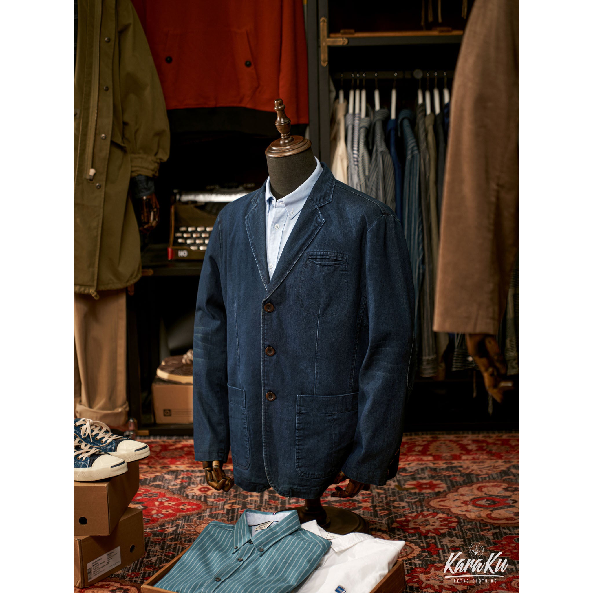 裏マルチストライプ柄 デニムブレザージャケット