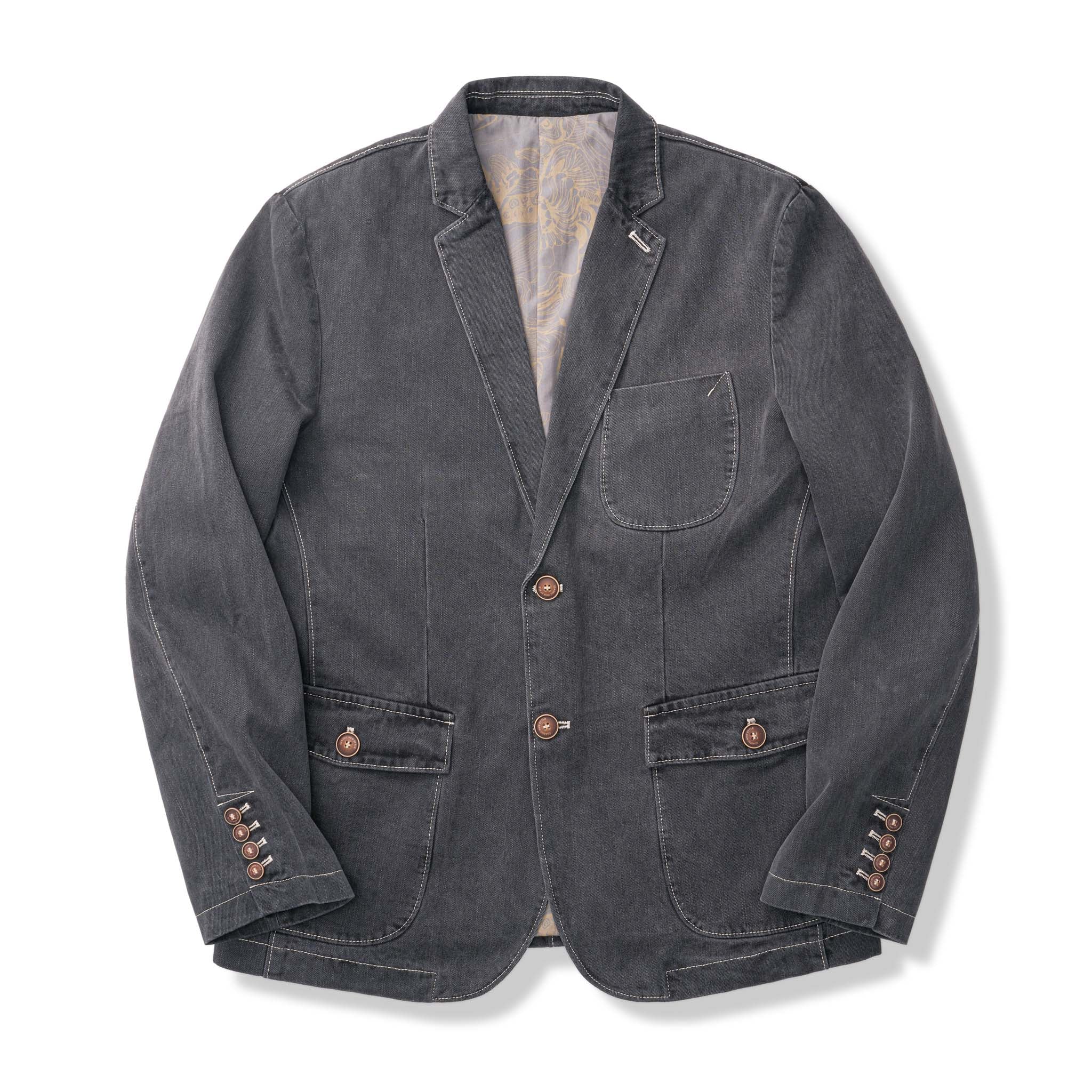 裏花葉柄 デニムブレザージャケット