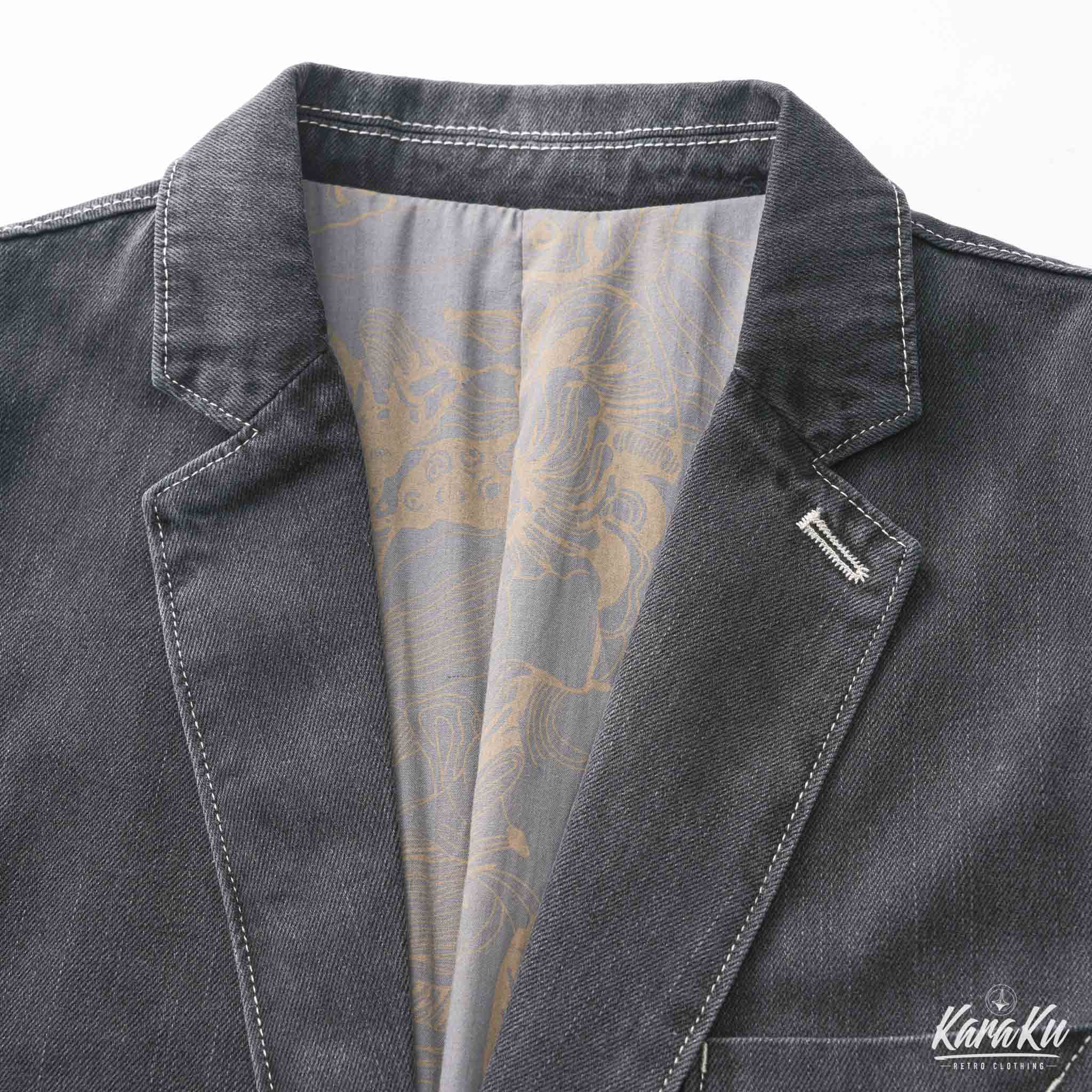 裏花葉柄 デニムブレザージャケット