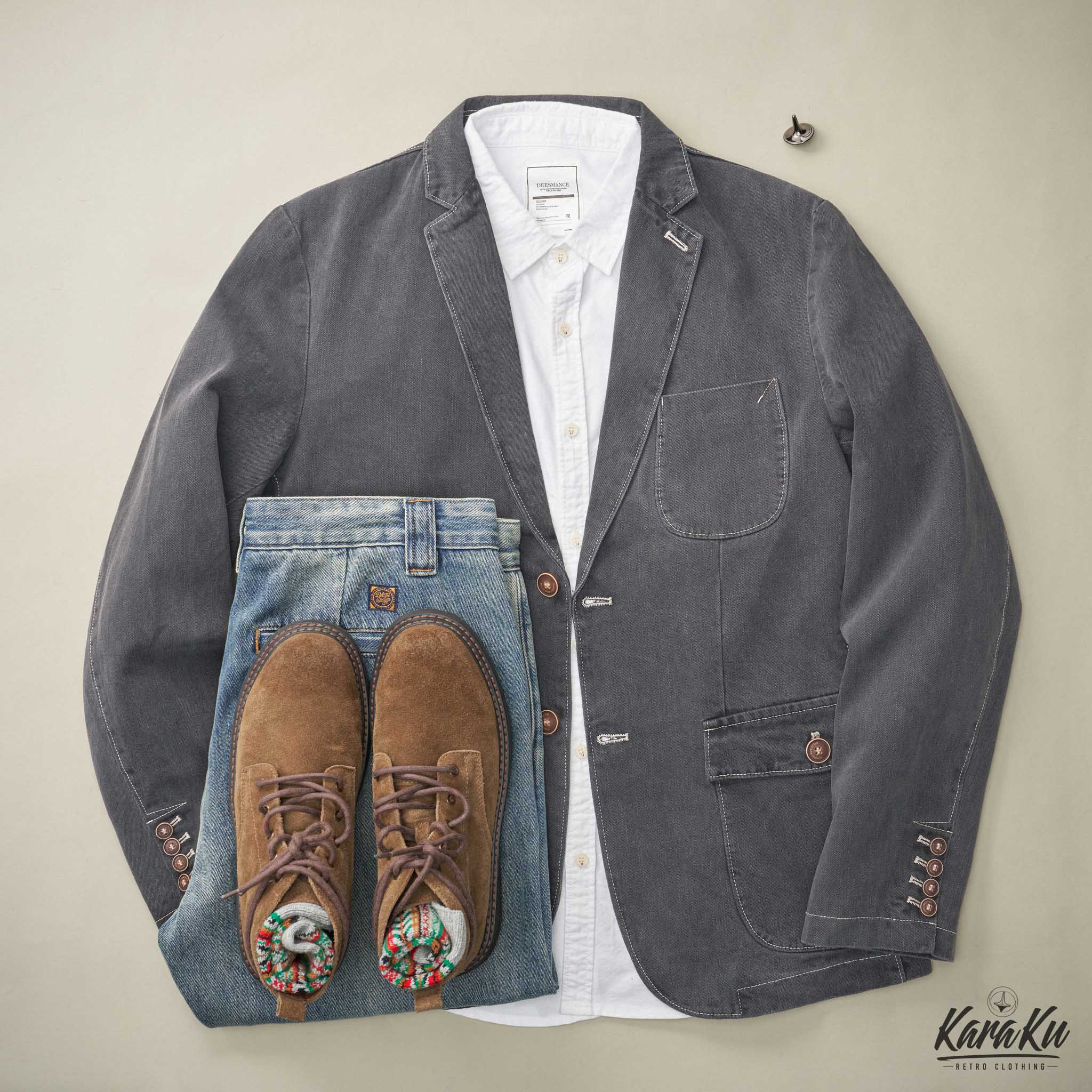 裏花葉柄 デニムブレザージャケット