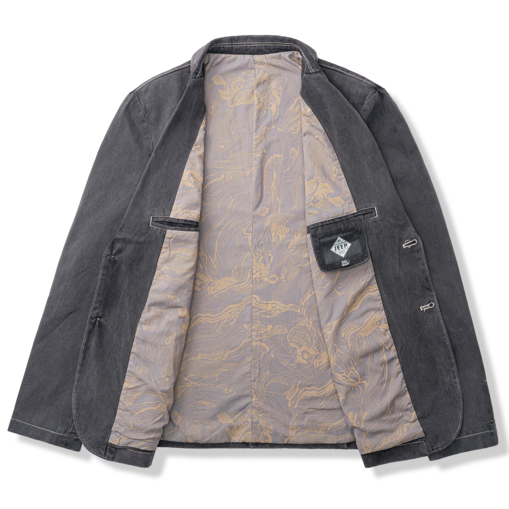 裏花葉柄 デニムブレザージャケット