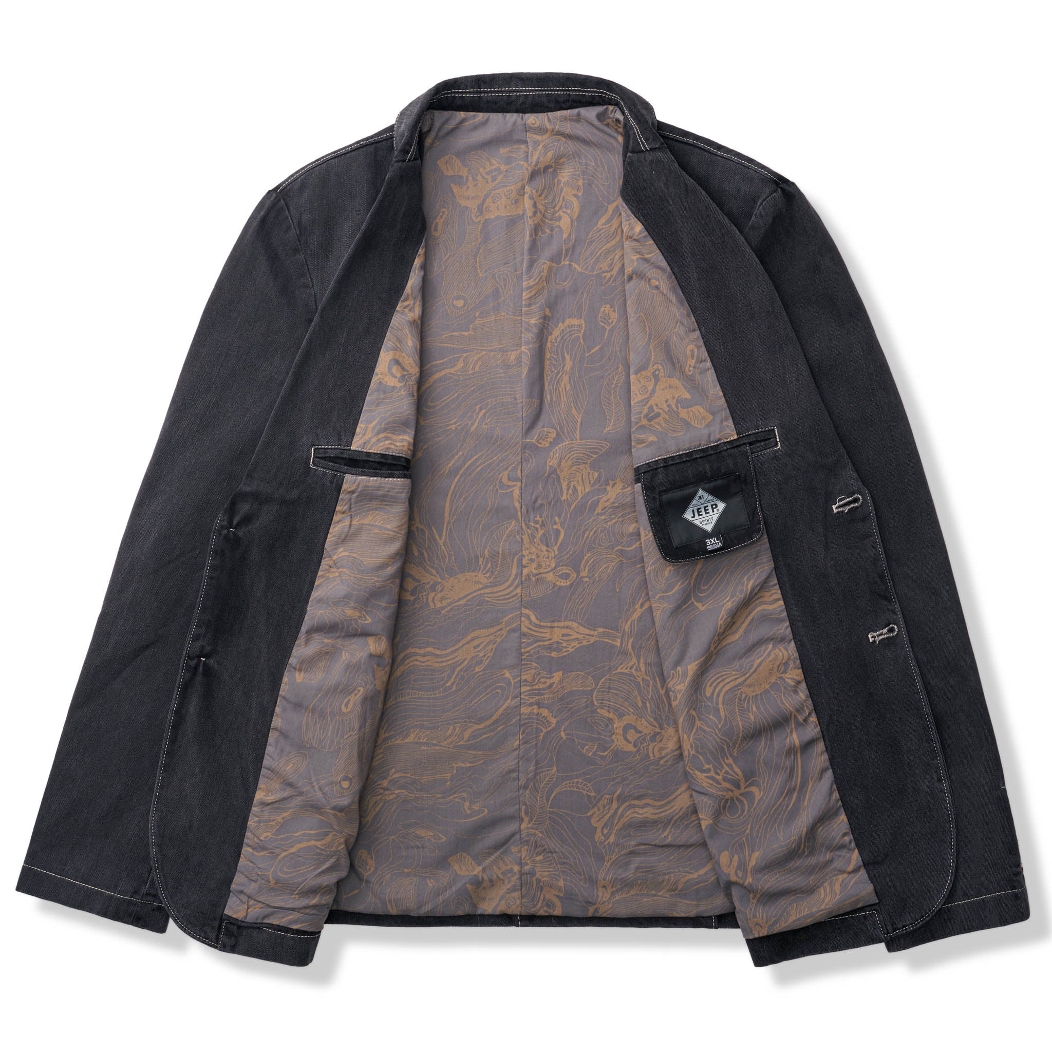 裏花葉柄 デニムブレザージャケット