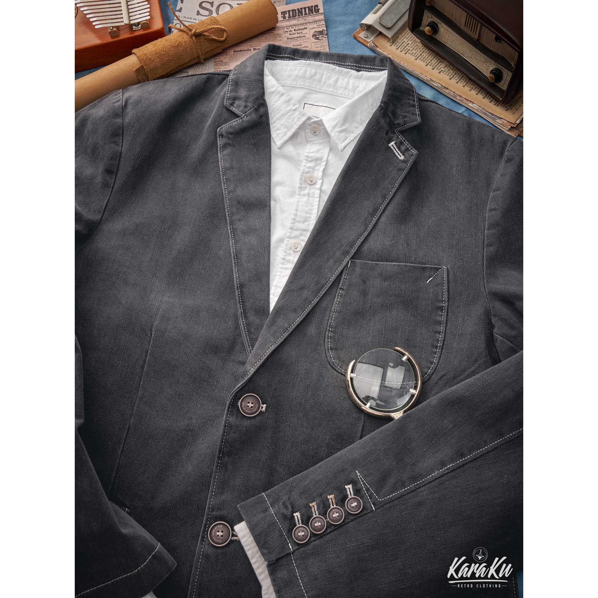 裏花葉柄 デニムブレザージャケット