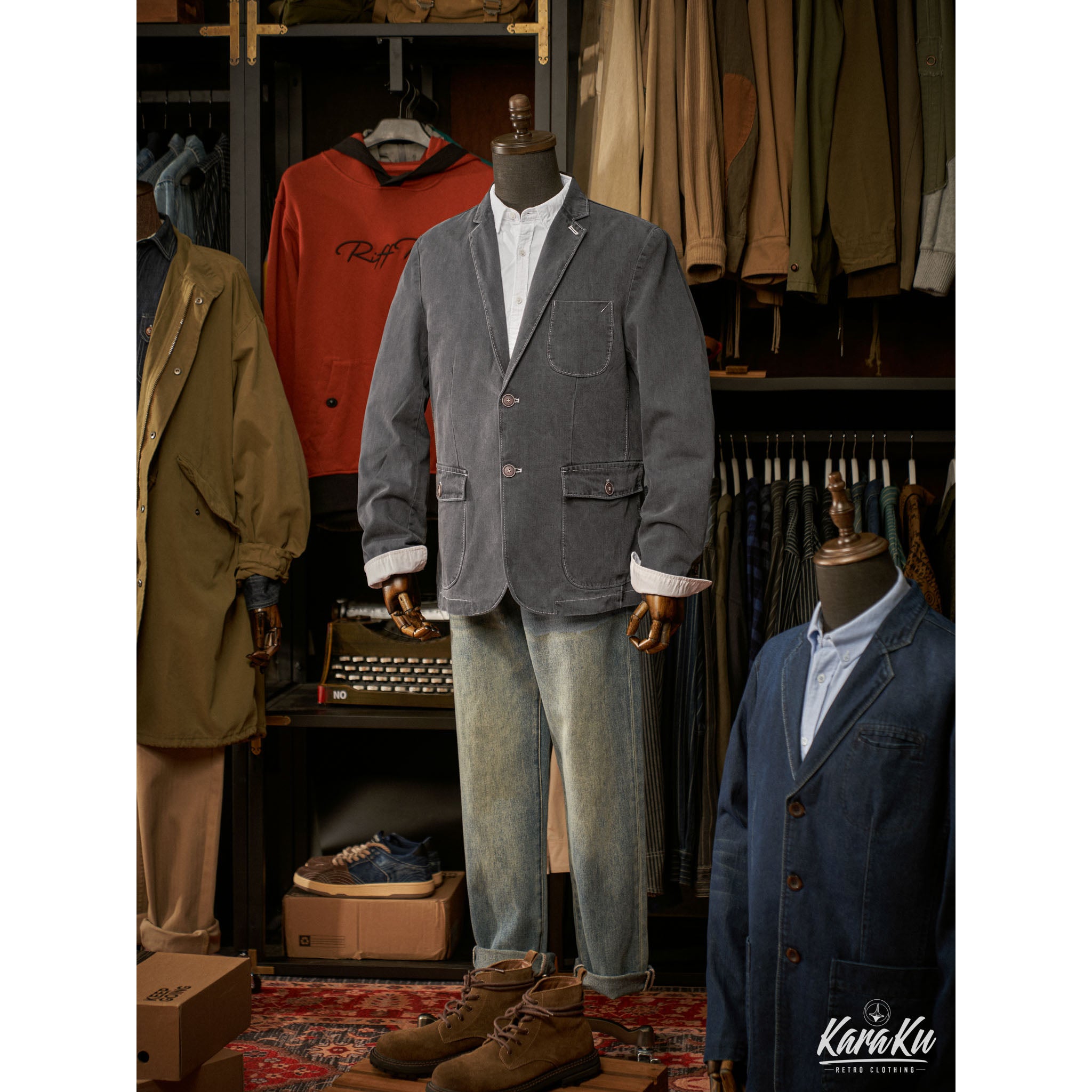 裏花葉柄 デニムブレザージャケット