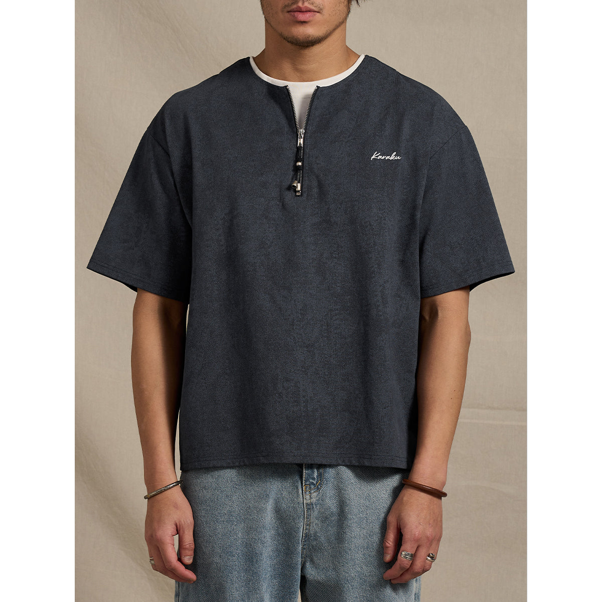 SORONA®涼感機能 刺繍入りハーフジップフェイクレイヤードTee – Karakubuy