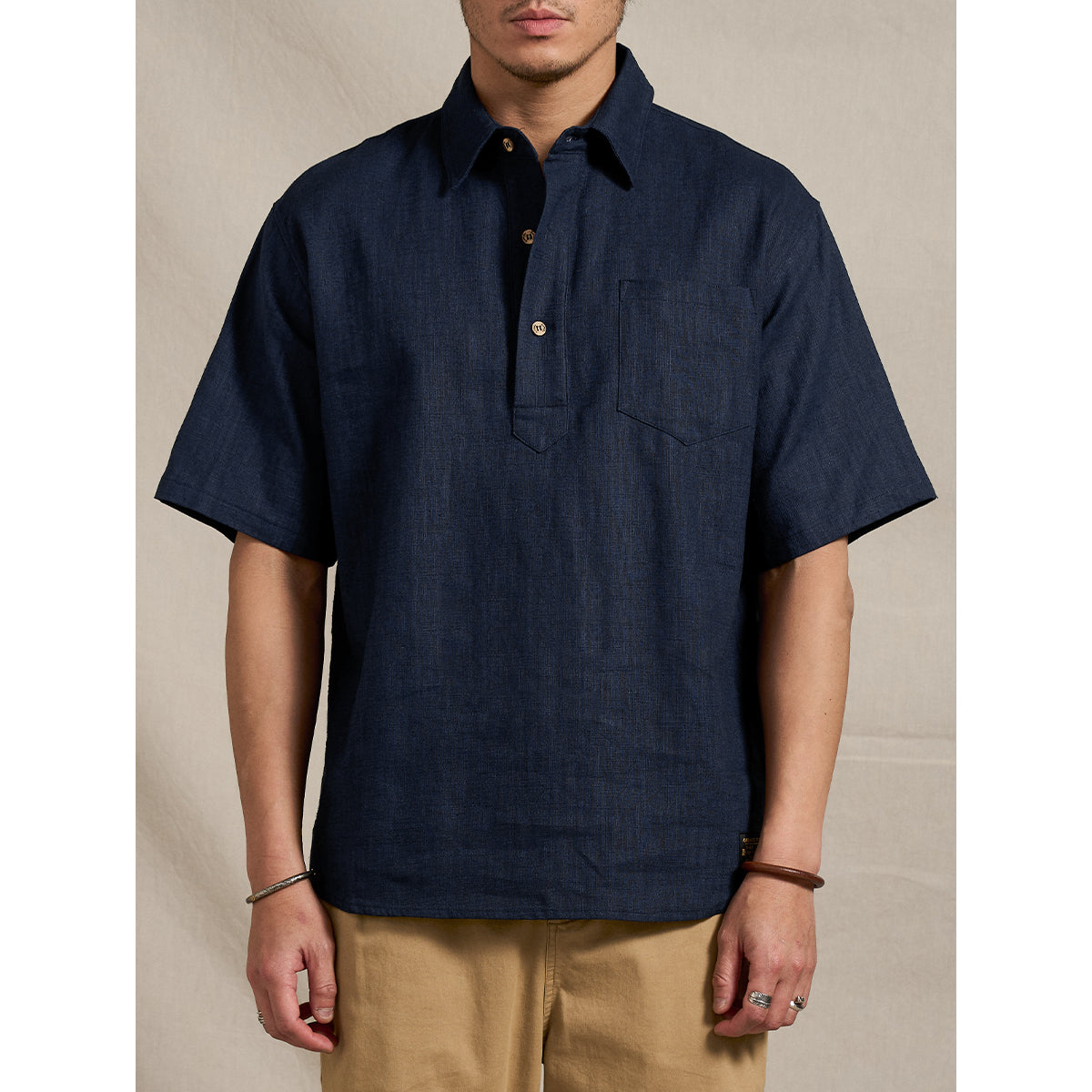 NAVY ハーフボタンコットンリネンポロシャツ – Karakubuy
