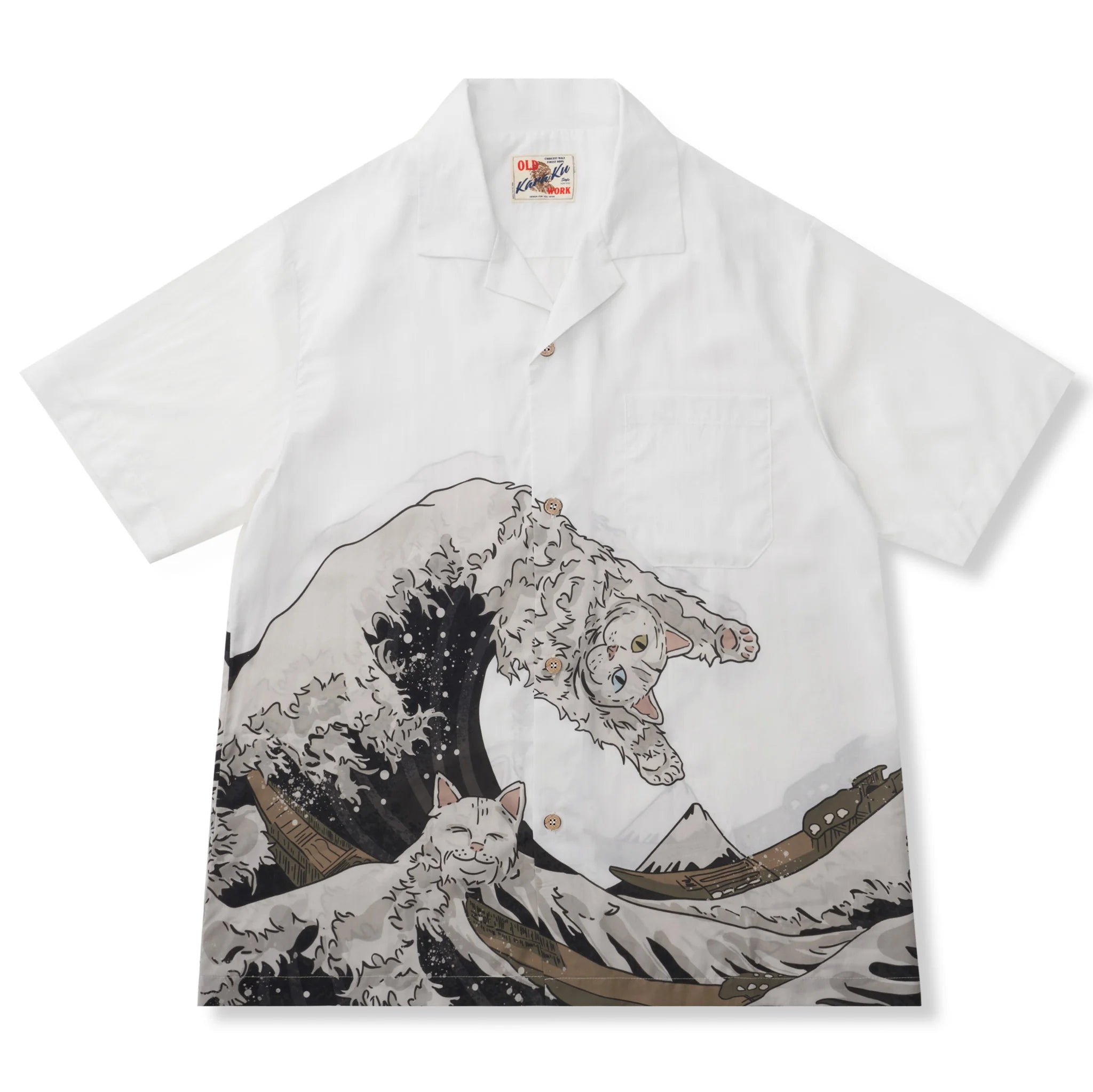 Corak Jepun “The Great Wave Off Kanagawa and Cats Riding the Waves” Baju Aloha Gaya Ukiyo-e