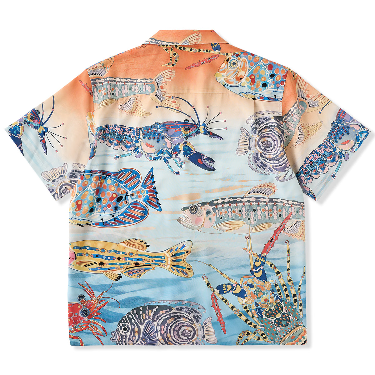 夕暮れの海底」レトロ水彩風プリント入りアロハシャツ – Karakubuy