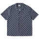 Kemeja aloha corak geometri linen kapas dicelup indigo