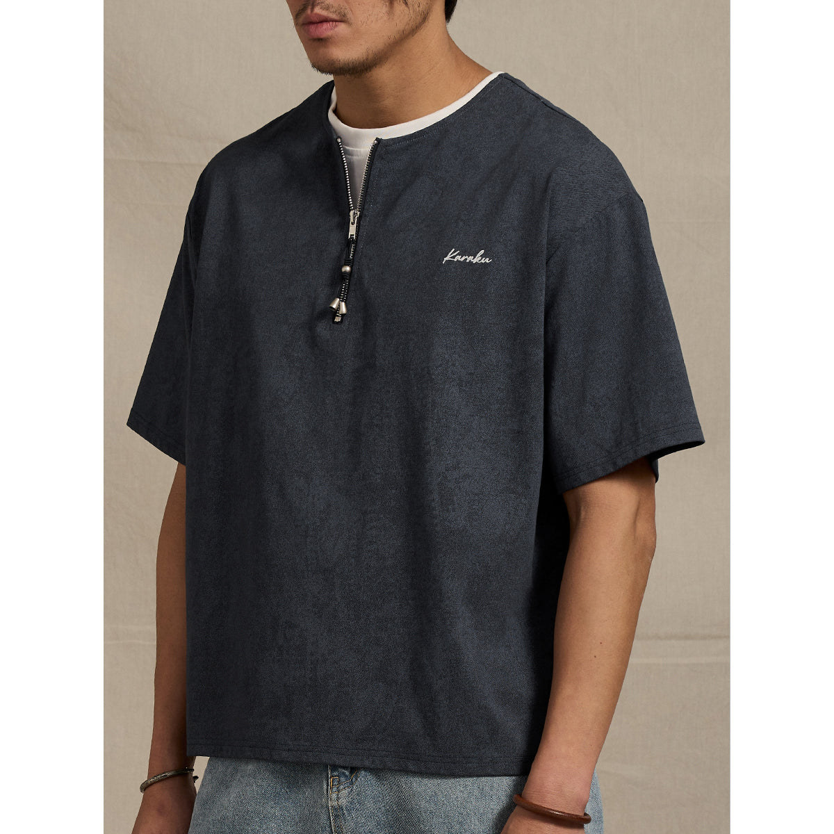 SORONA®涼感機能 刺繍入りハーフジップフェイクレイヤードTee – Karakubuy