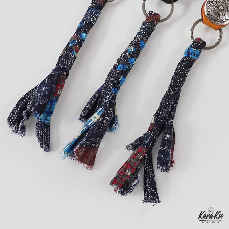 トップレザーⅹ藍染め綿麻タッセルコンビキーホルダー – Karakubuy