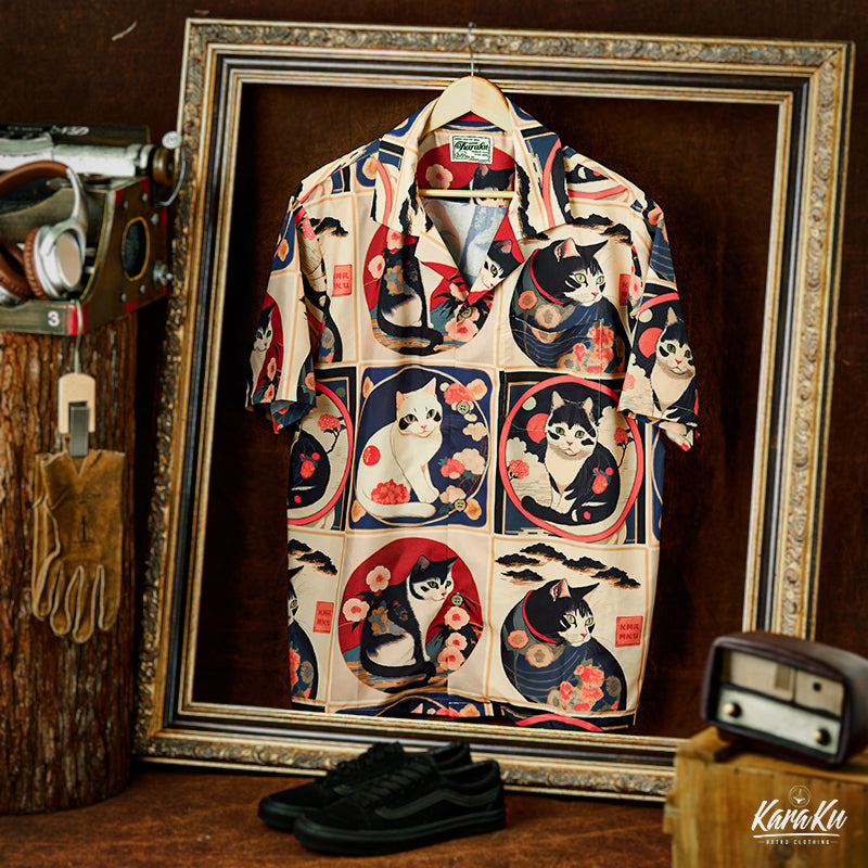 明治時代の猫 総柄 浮世絵風アロハシャツ – Karakubuy