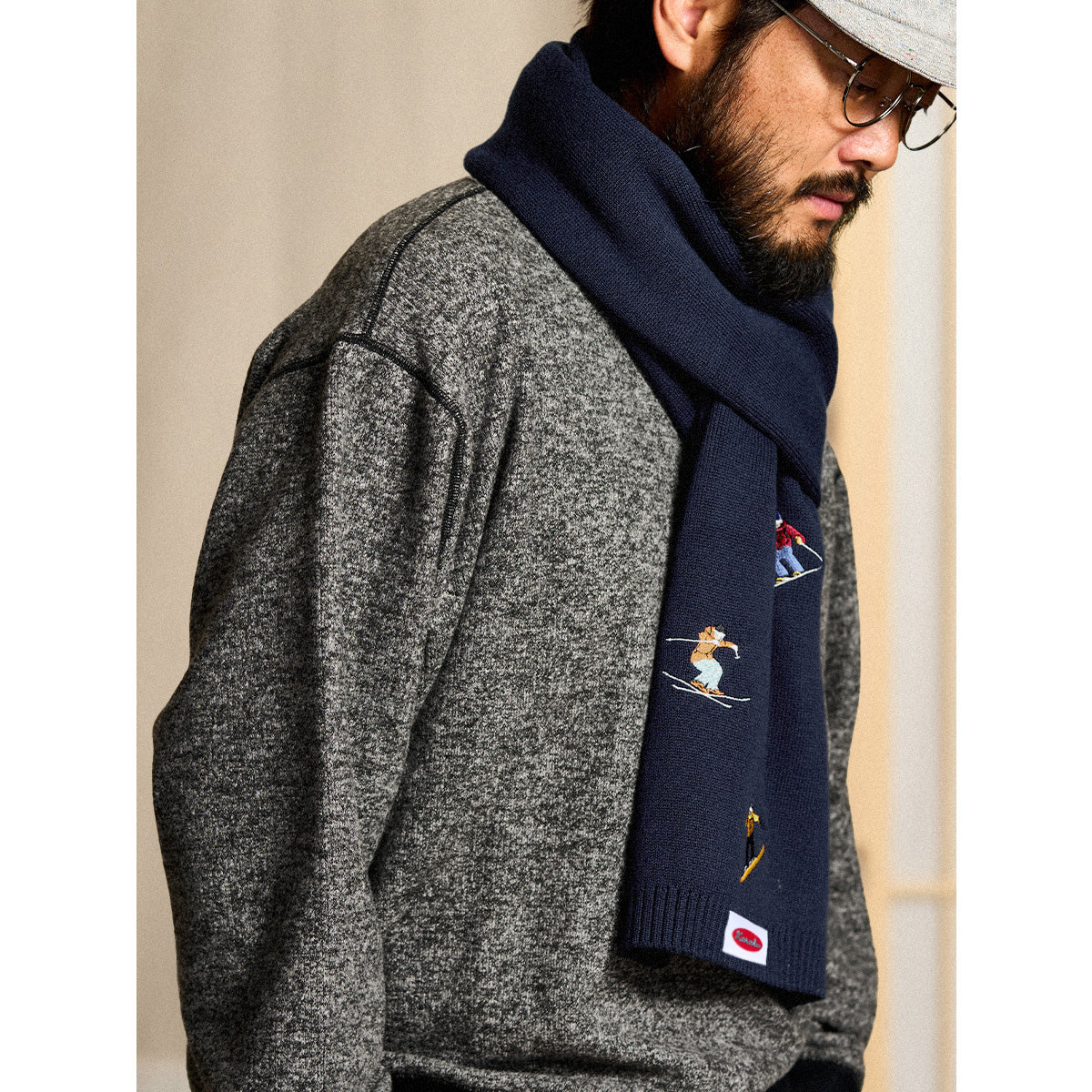 スキー柄 ニット マフラー Navy knit scarf with 