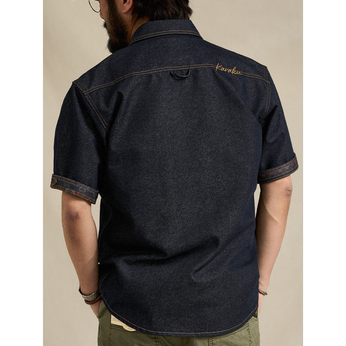 KaraKu」ロゴ刺繍 紅白ヒモ付き裏エスニック調柄デニムシャツ – Karakubuy