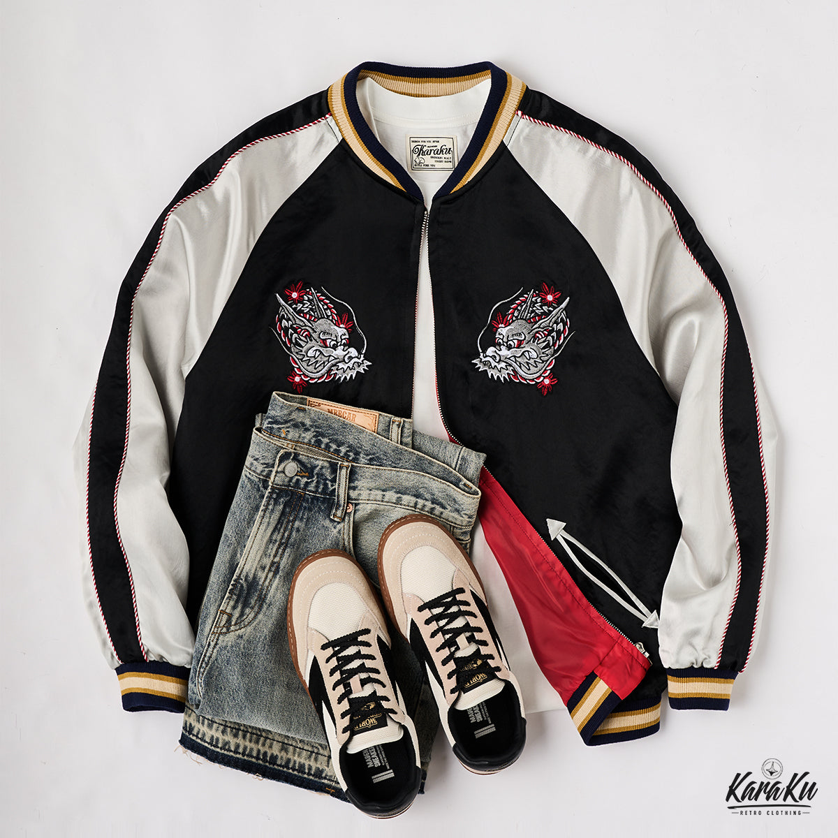 横須賀「酔竜と猫の悪戯」浮世絵風刺繡入りスカジャン – Karakubuy