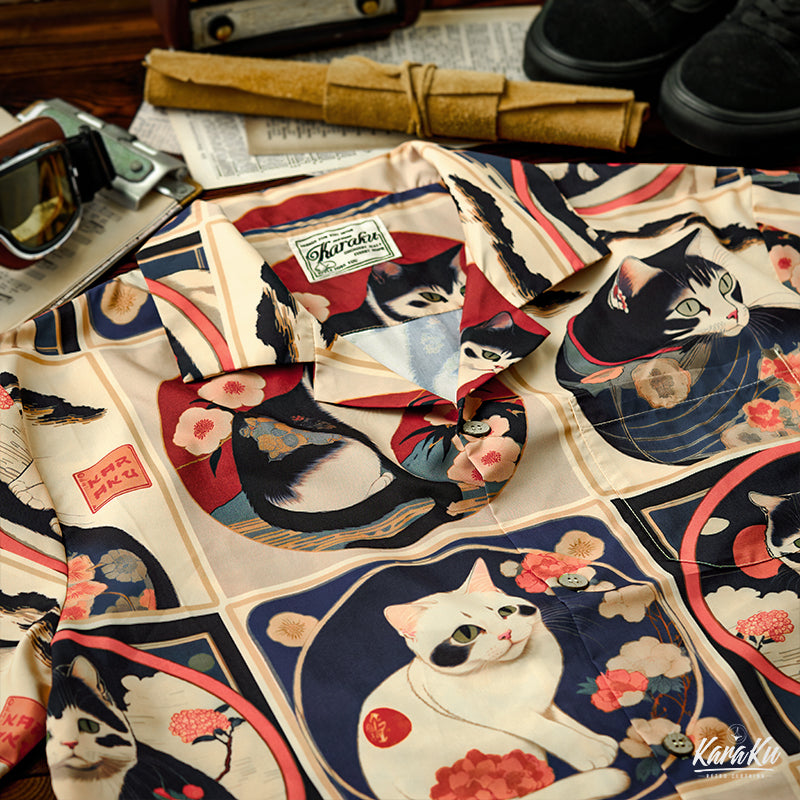 明治時代の猫 総柄 浮世絵風アロハシャツ – Karakubuy