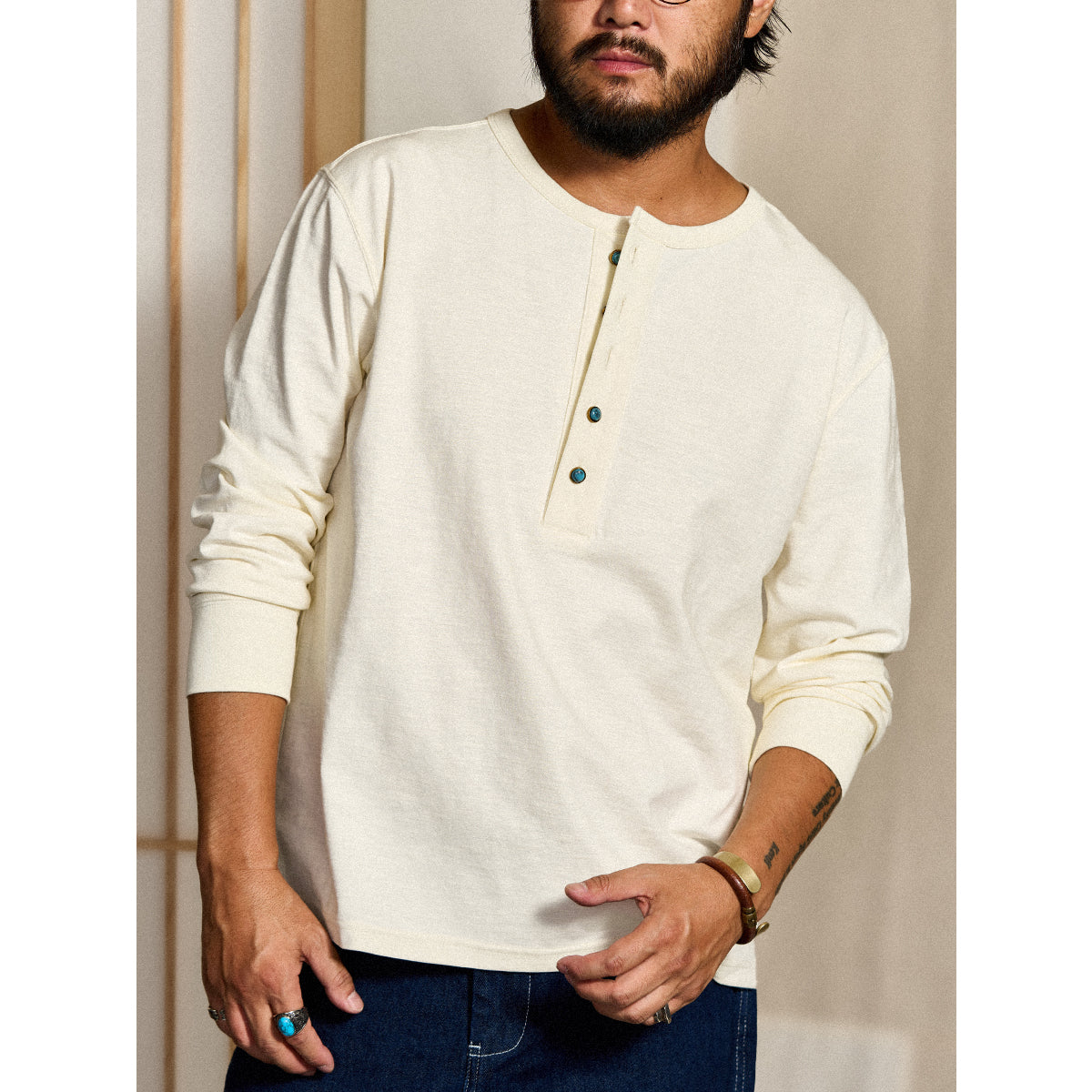 ターコイズ風5ボタン付き ヘンリーネック長袖Tシャツ – Karakubuy