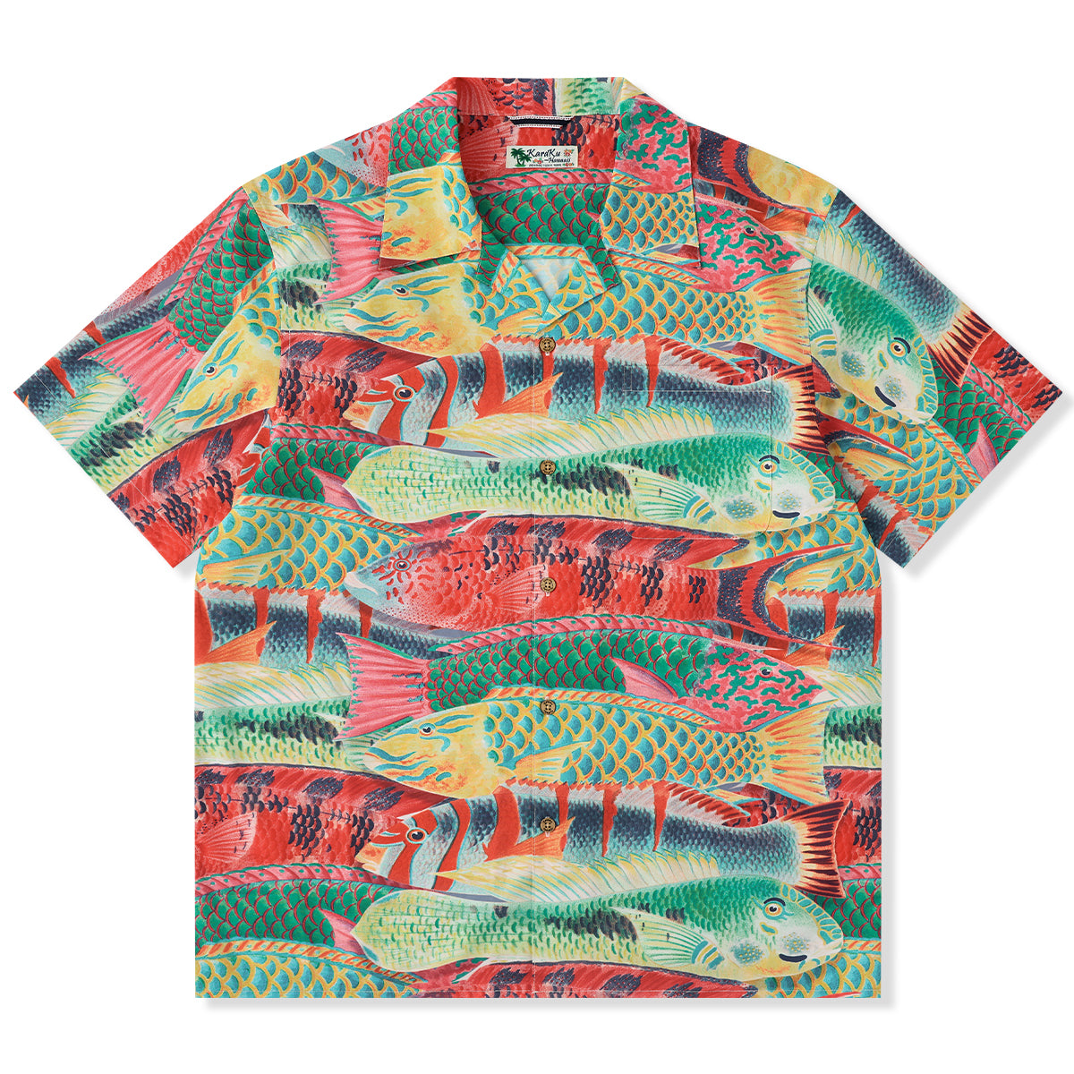 水彩タッチ風・トロピカルカラー魚たち総柄アロハシャツ – Karakubuy