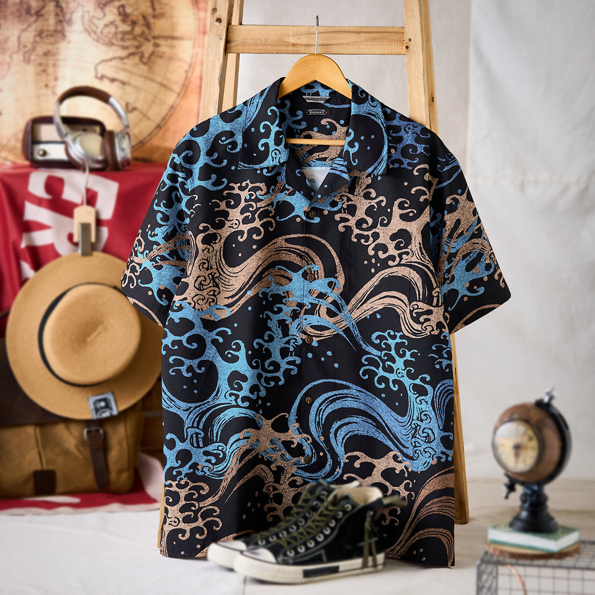 浮世絵「熊谷次郎直実 市川団十郎」着物柄・波模様オープンカラー