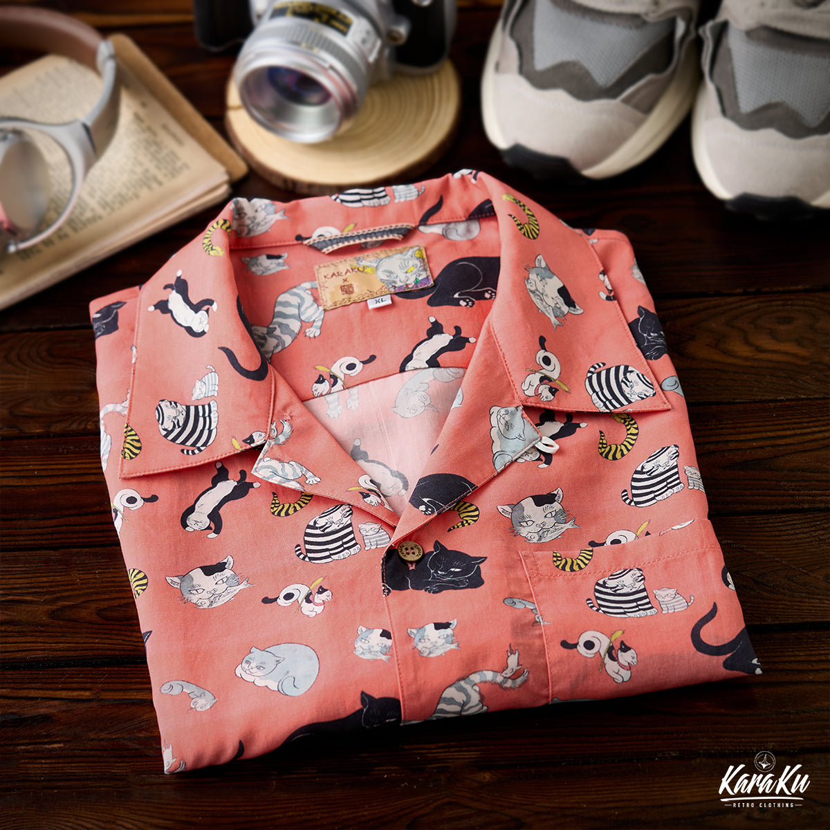 KARAKU×石黒亜矢子「猫百態Ⅱ」総柄浮世絵風テンセルアロハ
