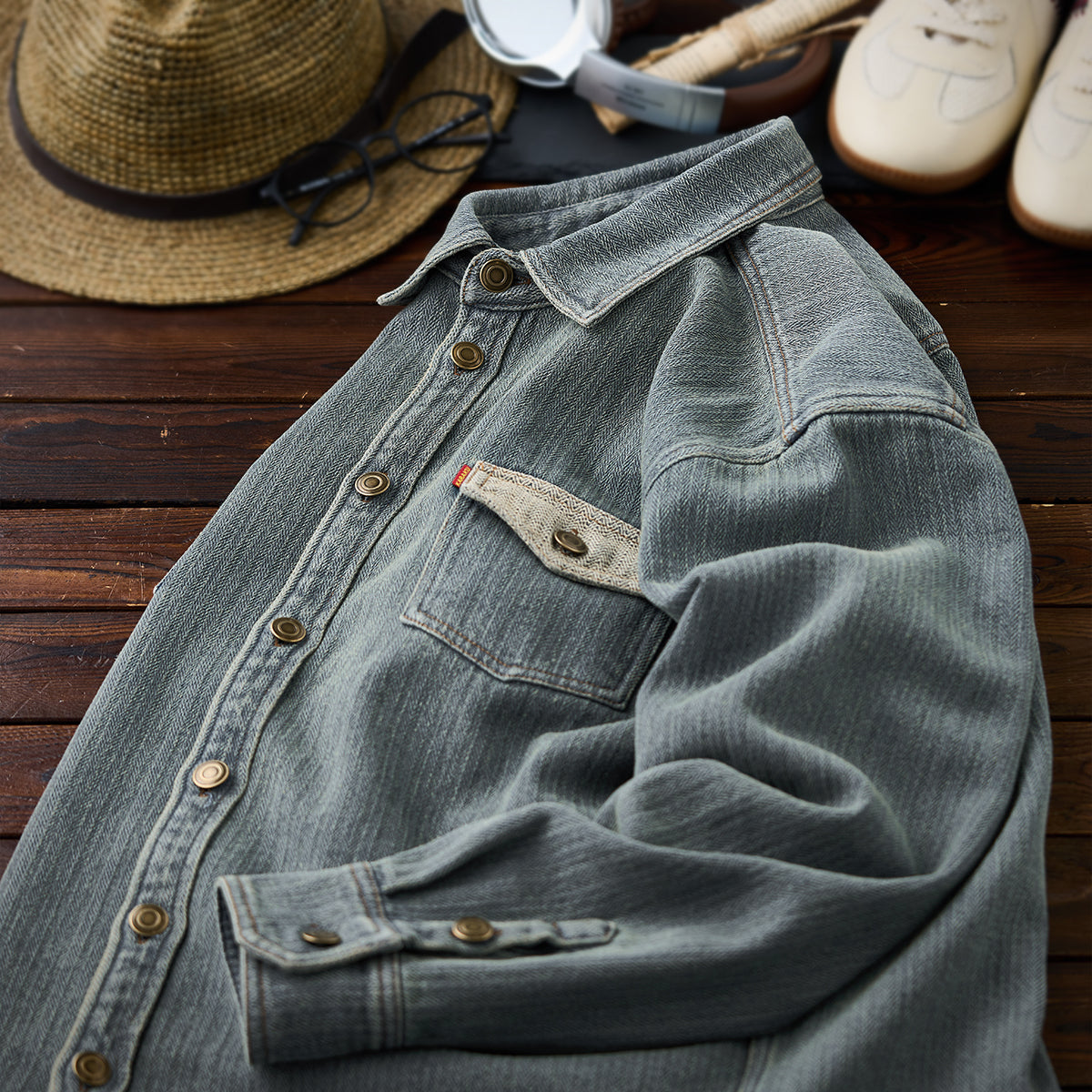 Asymmetrical Pocket Herringbone Jacquard Denim Work Shirt – Karakubuy