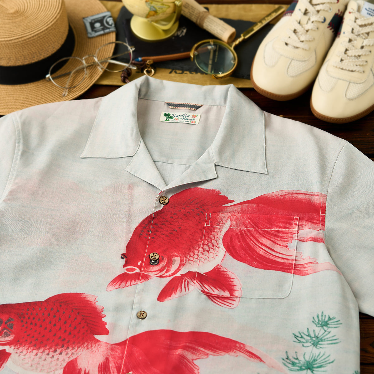 夏水金魚図」浮世絵風プリント入りキューバカラーシャツ – Karakubuy